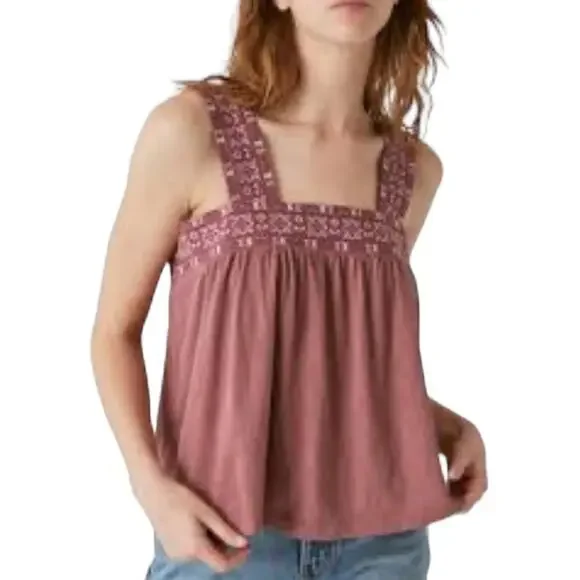 Lucky Brand Embroidered Lace Cotton Blend Tank Square Neck Boho Festival NEW XL - Picture 1 of 8